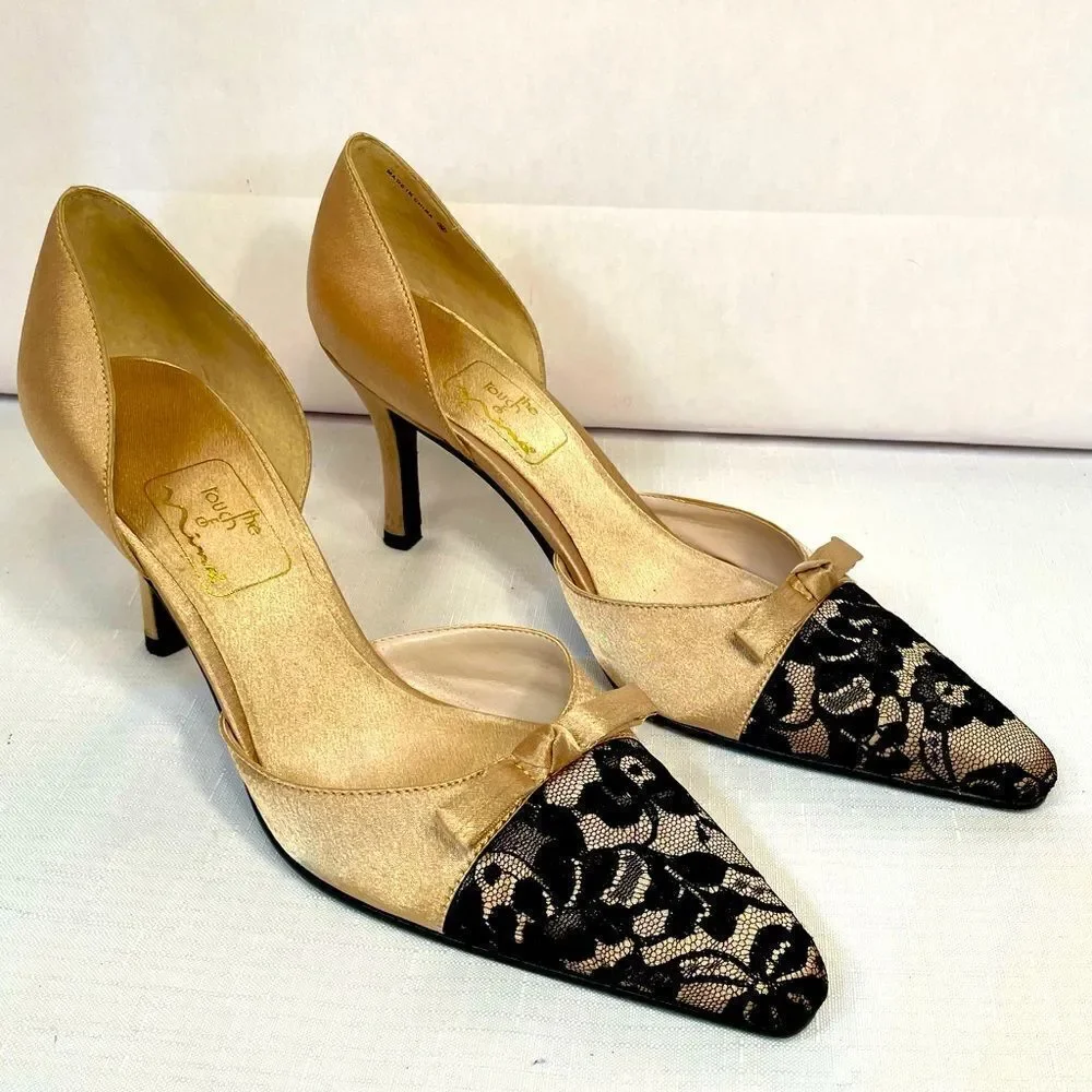 GOLD SATIN w BLACK LACE FORMAL SHOES 3.5” HEEL by THE TOUCH OF NINA SIZE 7.5